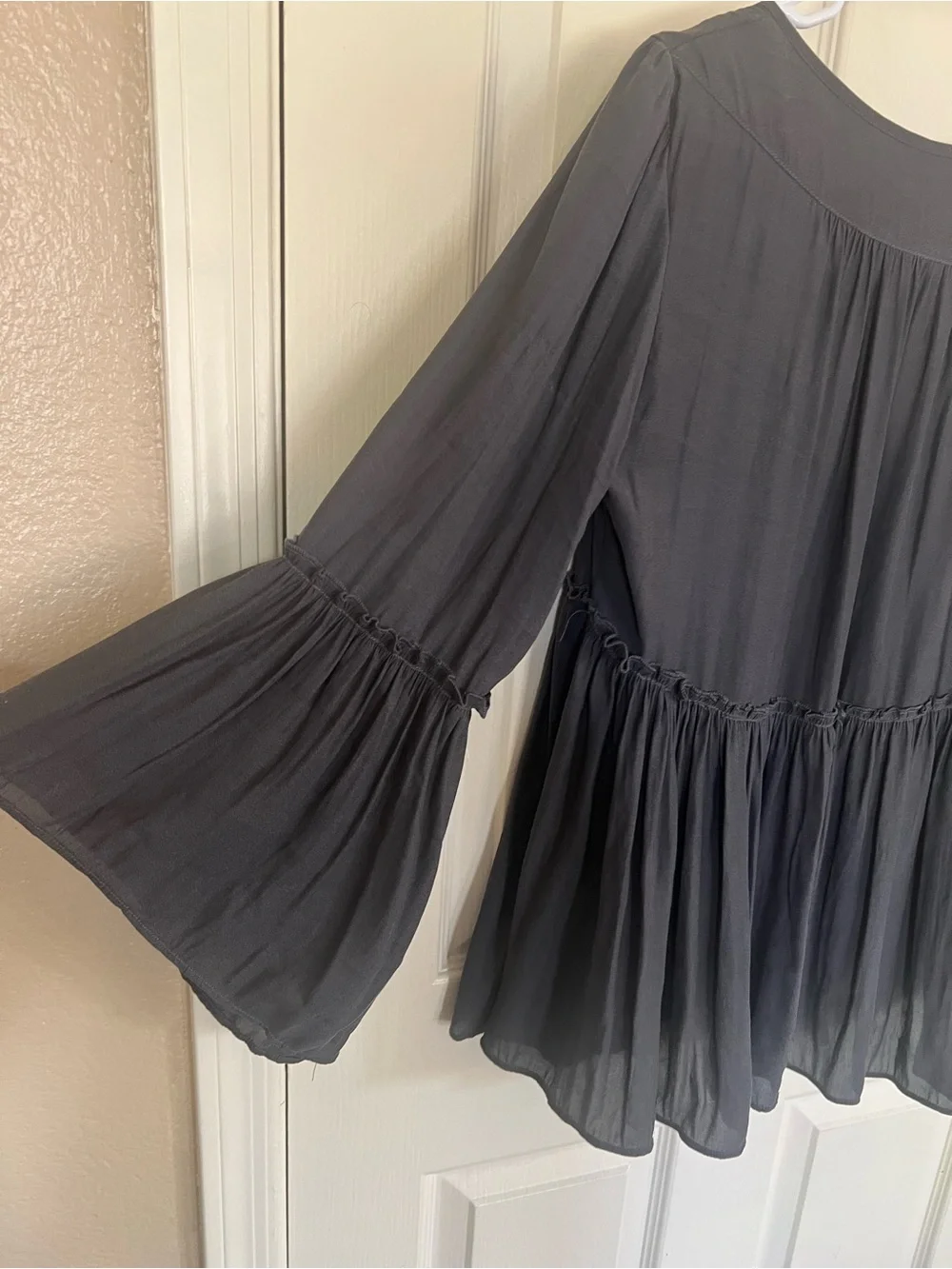 Free People Charcoal Ruffle Tiered Babydoll Blouse Long Sleeve Top